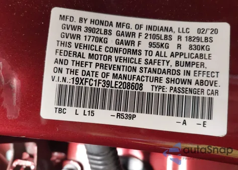 2020 Honda Civic Ex из США, поврежденный, VIN 19XFC1F39LE208608